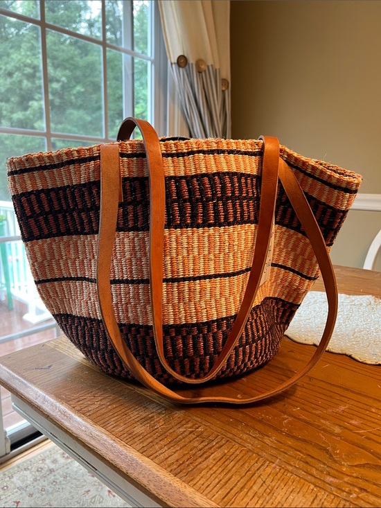 Source Unknown Handbags - Woven Striped Tote Bag with Leather Straps - Peach & Cream and Black